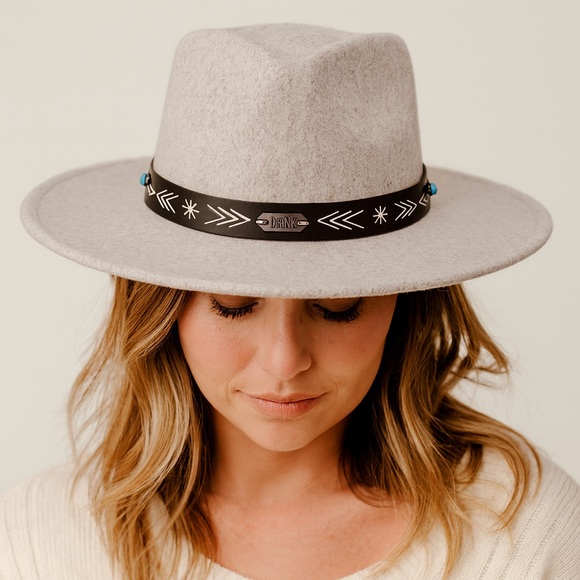 Frye Accessories - Frye Felt & Faux Leather‎ Embellished Wide Brim Rancher Cowgirl Hat Southwestern